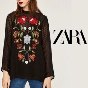 Zara Sheer Blouse with Embroidered Floral Detail and Tank Top Camisole